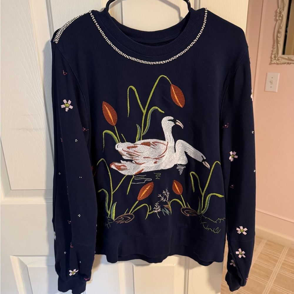 Navy Sweater with Swan Embroidery